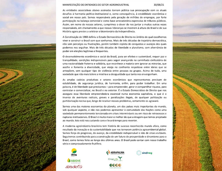 Entidades do agronegÃ³cio divulgam documento em defesa da democracia no Brasil
