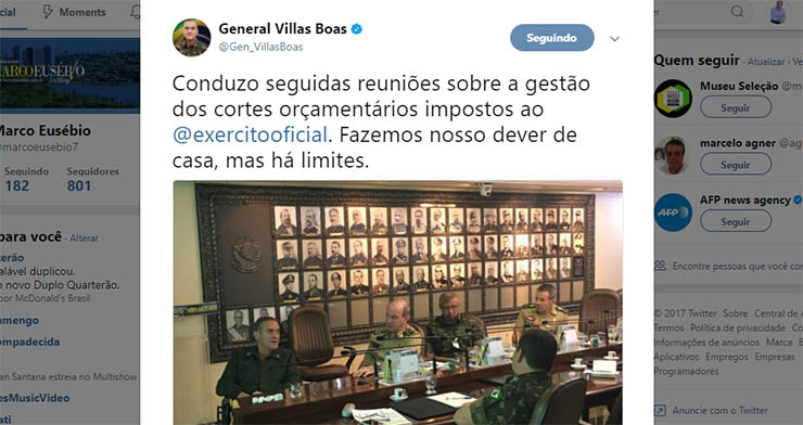 No Twitter, general Villas Boas adverte: 'ExÃ©rcito faz dever de casa, mas hÃ¡ limites'