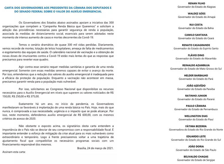 Em carta ao Congresso, 16 governadores defendem auxÃ­lio emergencial de R$ 600