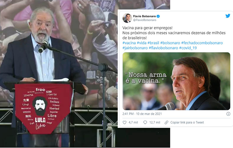 Lula fala em 'vacina, nÃ£o armas' e filho de Bolsonaro reage: 'Nossa arma Ã© a vacina'