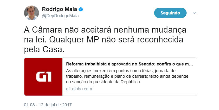 Maia avisa: CÃ¢mara rejeitarÃ¡ MP de Temer para alterar a reforma trabalhista