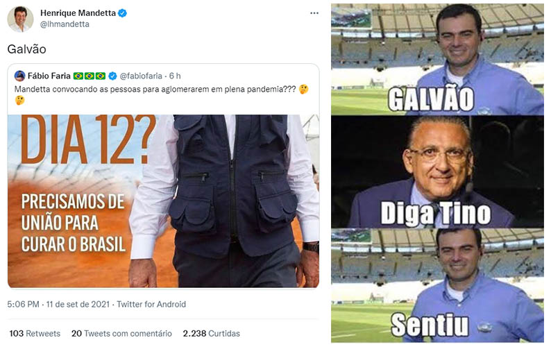 Ministro questiona ida de Mandetta ao ato 'Fora Bolsonaro' e acaba chamado de 'GalvÃ£o'