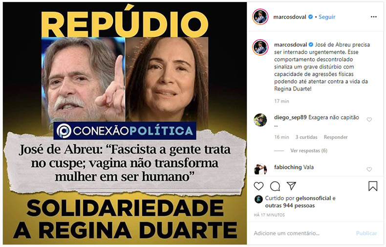 'Precisa ser internado' diz senador sobre ataques de JosÃ© de Abreu a Regina Duarte