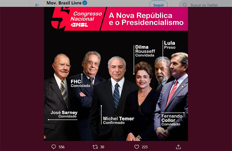 MBL convida Sarney, Collor, FHC, Dilma e Temer para debate e 'ver circo pegar fogo'