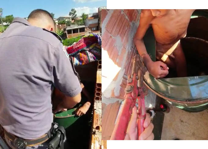 PolÃ­cia resgata menino acorrentado pelo pai dentro de um tambor em Campinas