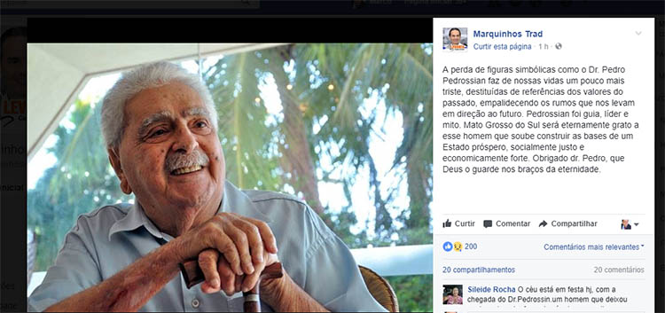 'Pedrossian foi guia, lÃ­der e mito', afirma o prefeito Marquinhos Trad