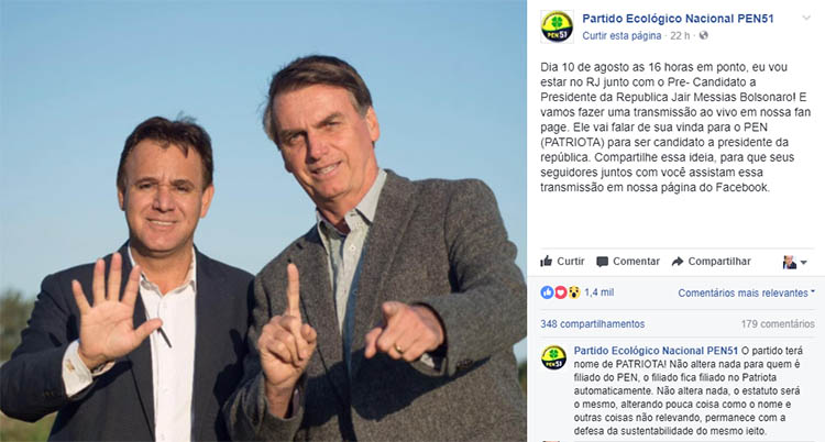Bolsonaro vai anunciar na quinta-feira seu ingresso no PEN que vai virar Patriota