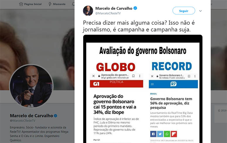Dono da RedeTV acusa a Globo no Twitter de fazer 'campanha' contra Bolsonaro