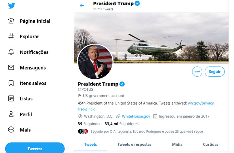 ApÃ³s ser banido do Twitter, Trump usa perfil presidencial e mensagens sÃ£o apagadas