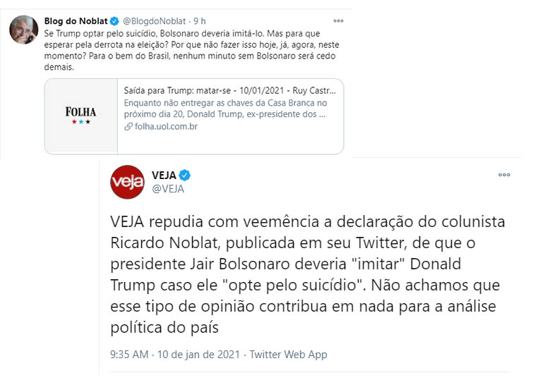 Veja diz repudiar post de seu colunista sugerindo 'suicÃ­dio' de Bolsonaro
