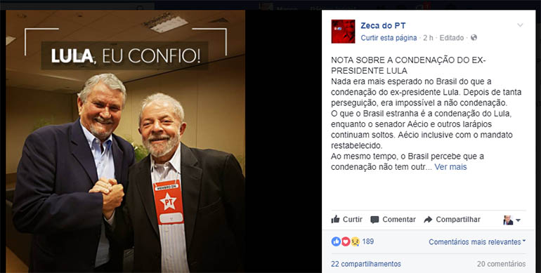 Zeca: condenaÃ§Ã£o de Lula era 'esperada', estranho Ã© 'AÃ©cio e outros larÃ¡pios soltos'